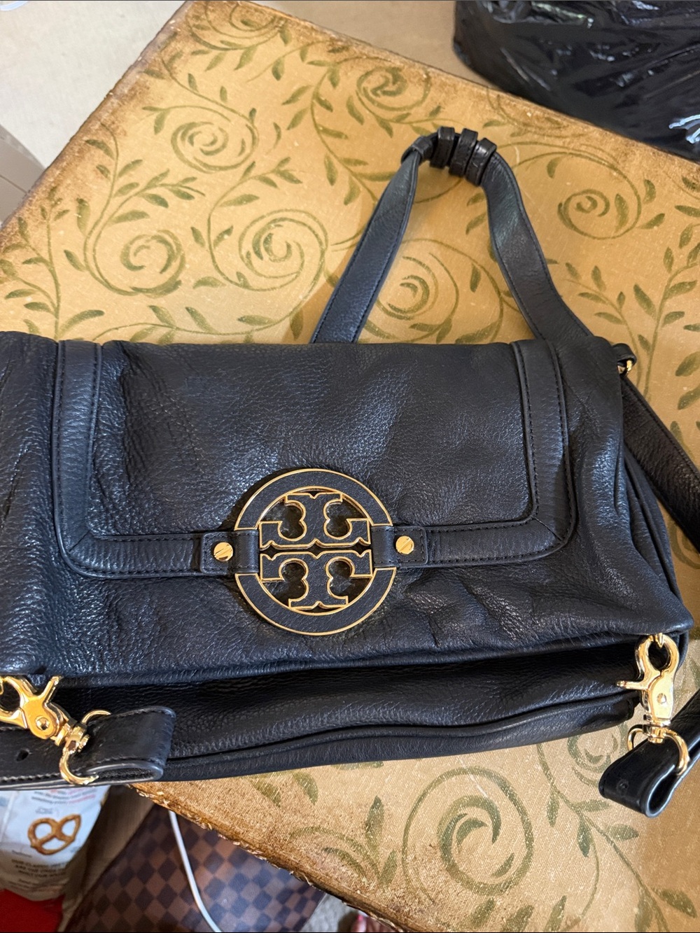 Tory Burch Black Leather Logo Foldover Crossbody Bag